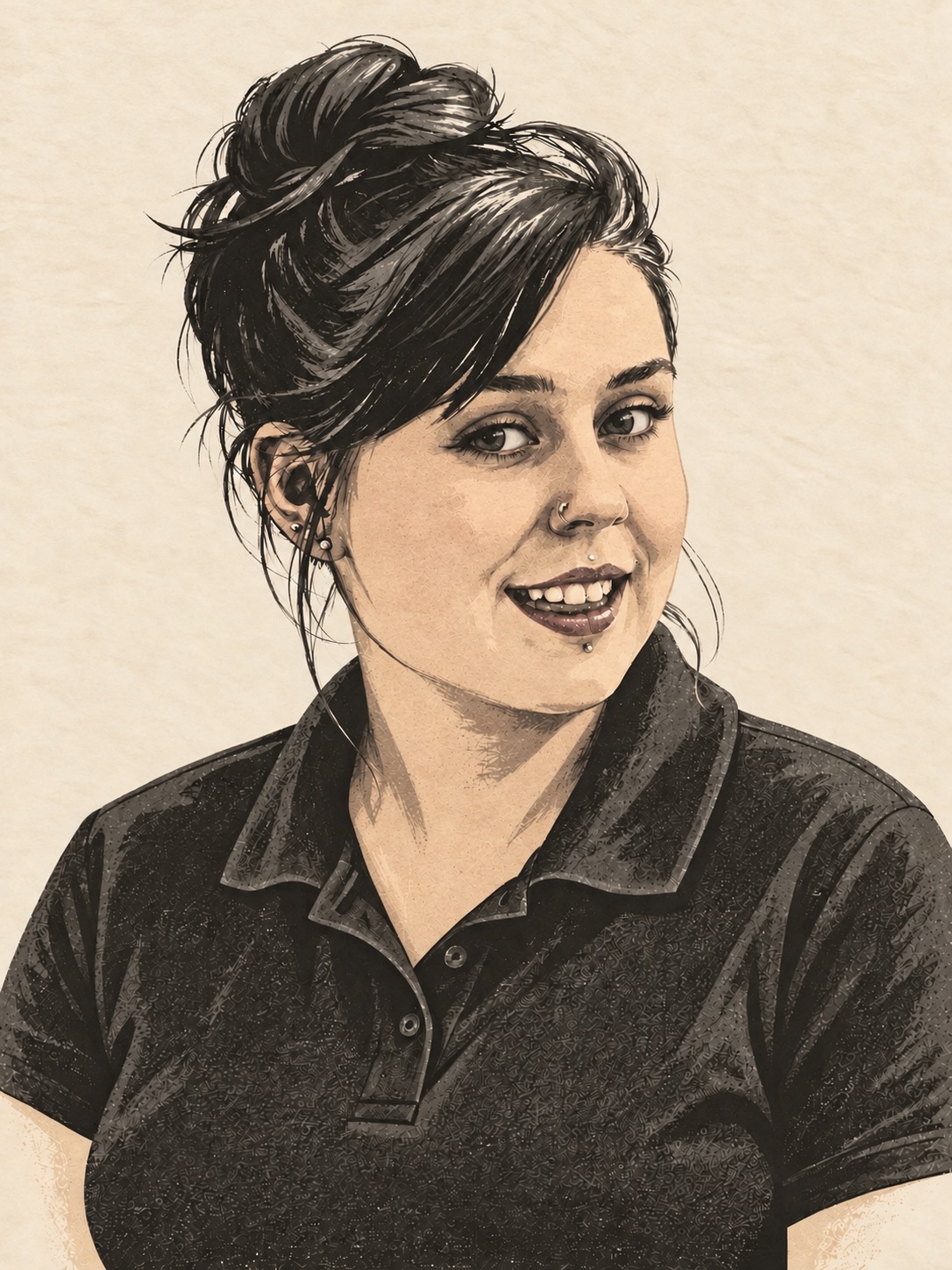 Illustrated portrait of Charlotte, Kitchen Assistant